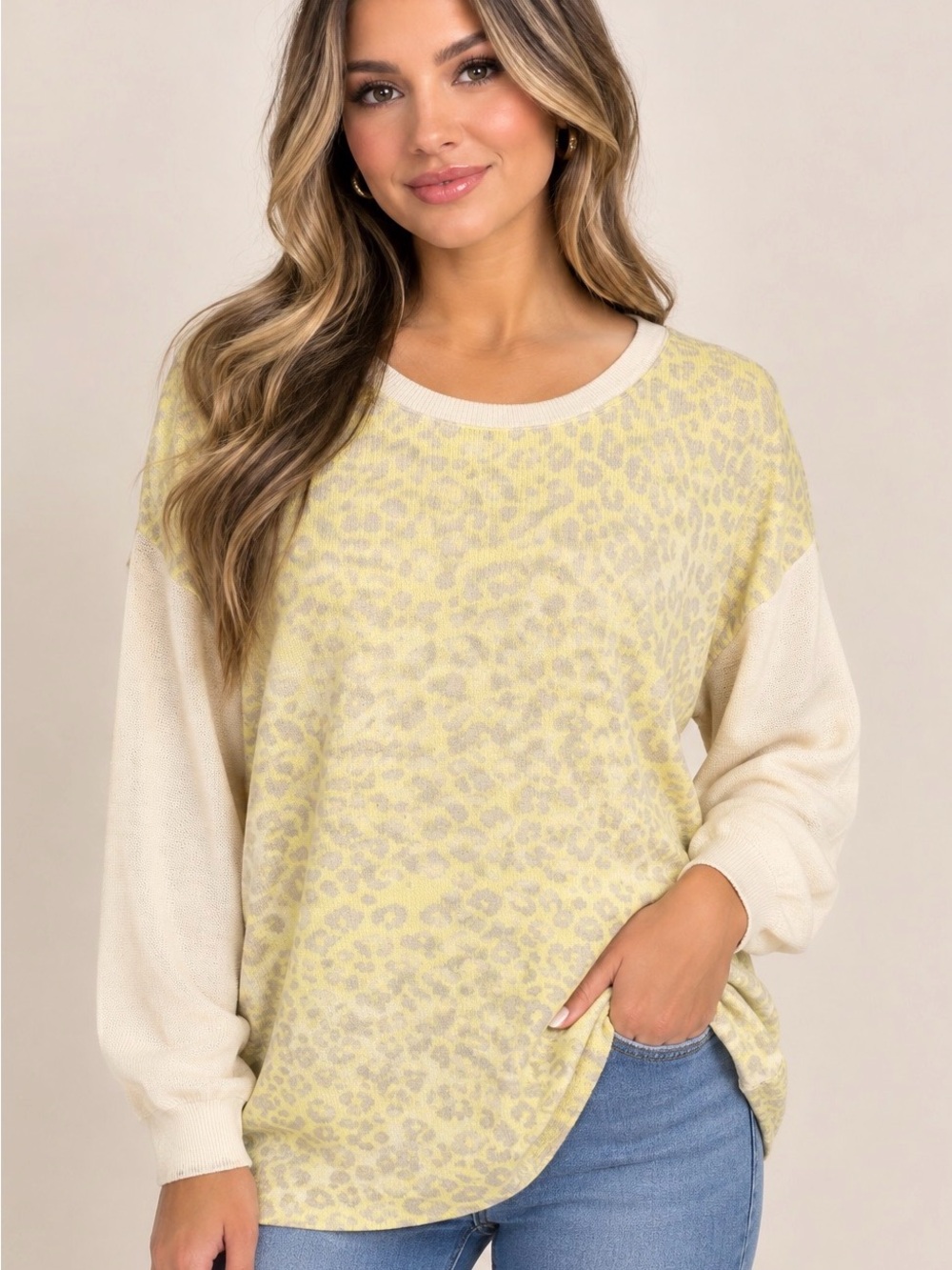 Aritzia Wilfred Yellow Leopard Print Pullover with Cream Sleeves